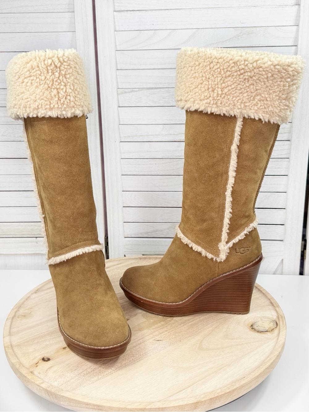 Ugg Aubrie Suede Shearling Wedge Heel Knee High Boots Tan 7.5 Boho Retro - Picture 12 of 12